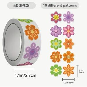 500 Colorful Flower Stickers on Roll 10 Designs Orange Purple Green
